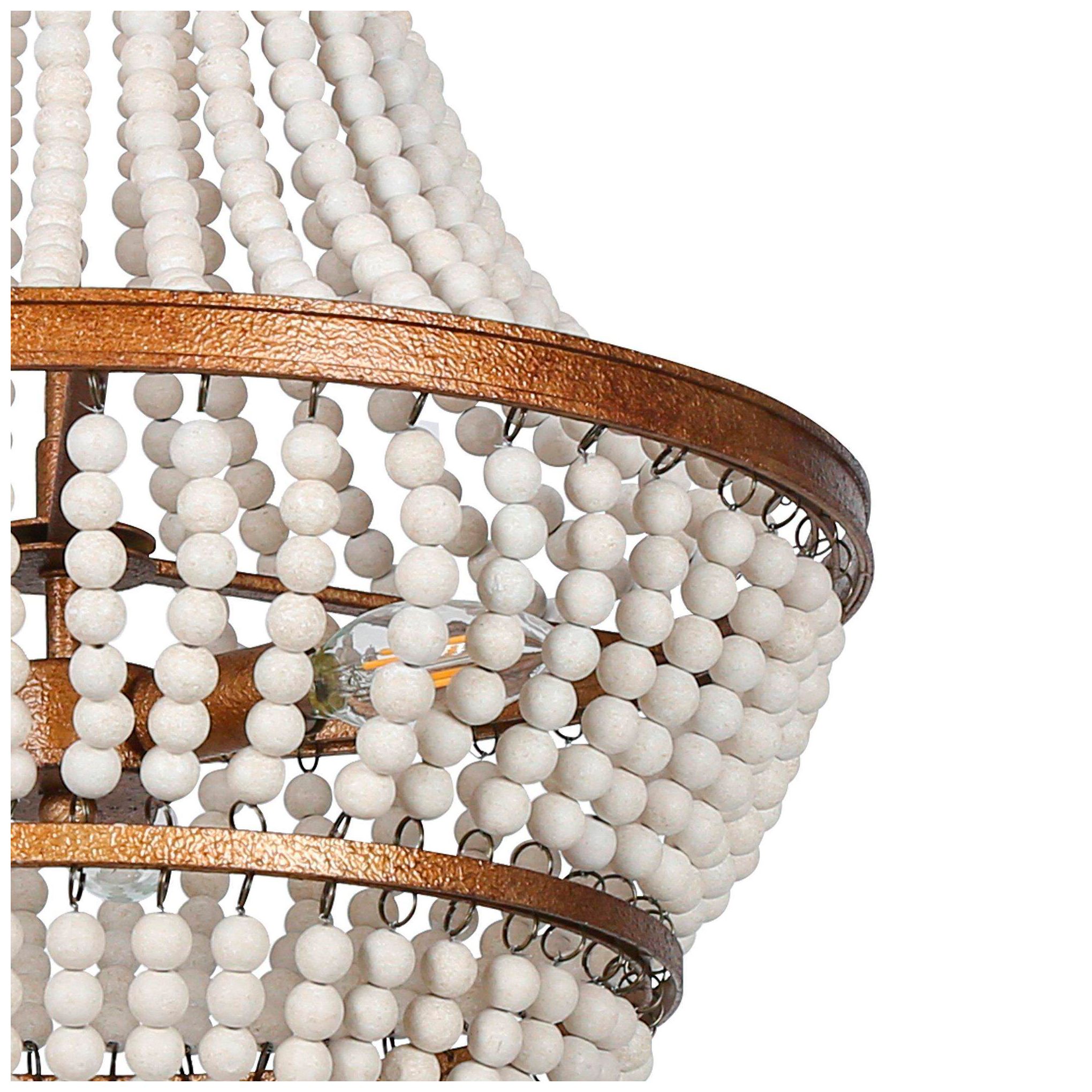 Thumbnail4 of Amara 16.9"W Brass 3-Light Drum White Wood Beaded Chandelier more views