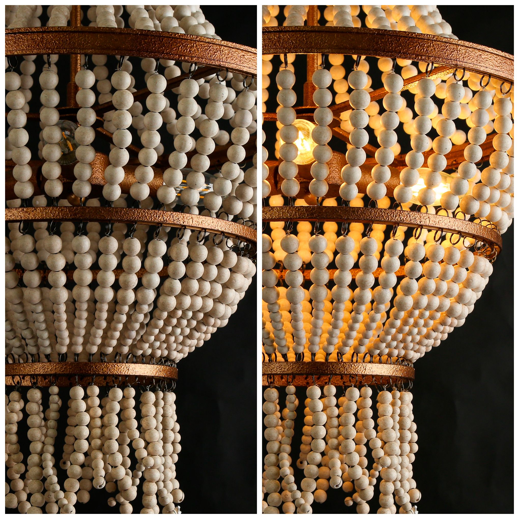 Amara 16.9"W Brass 3-Light Drum White Wood Beaded Chandelier