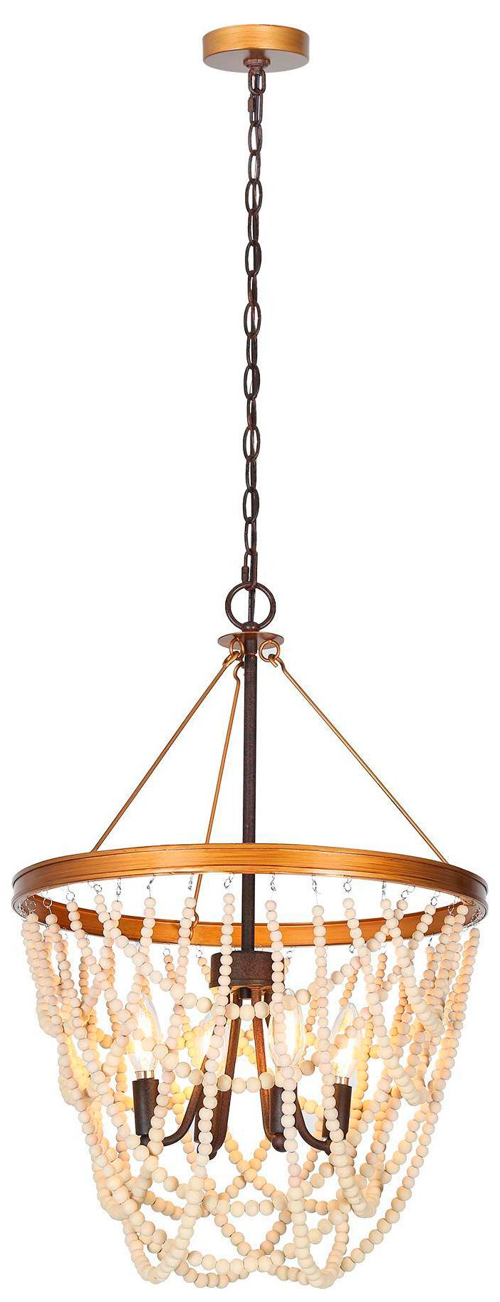 Thumbnail1 of Amara 17.7"W Brass 4-Light Drum Wood Beaded Chandelier