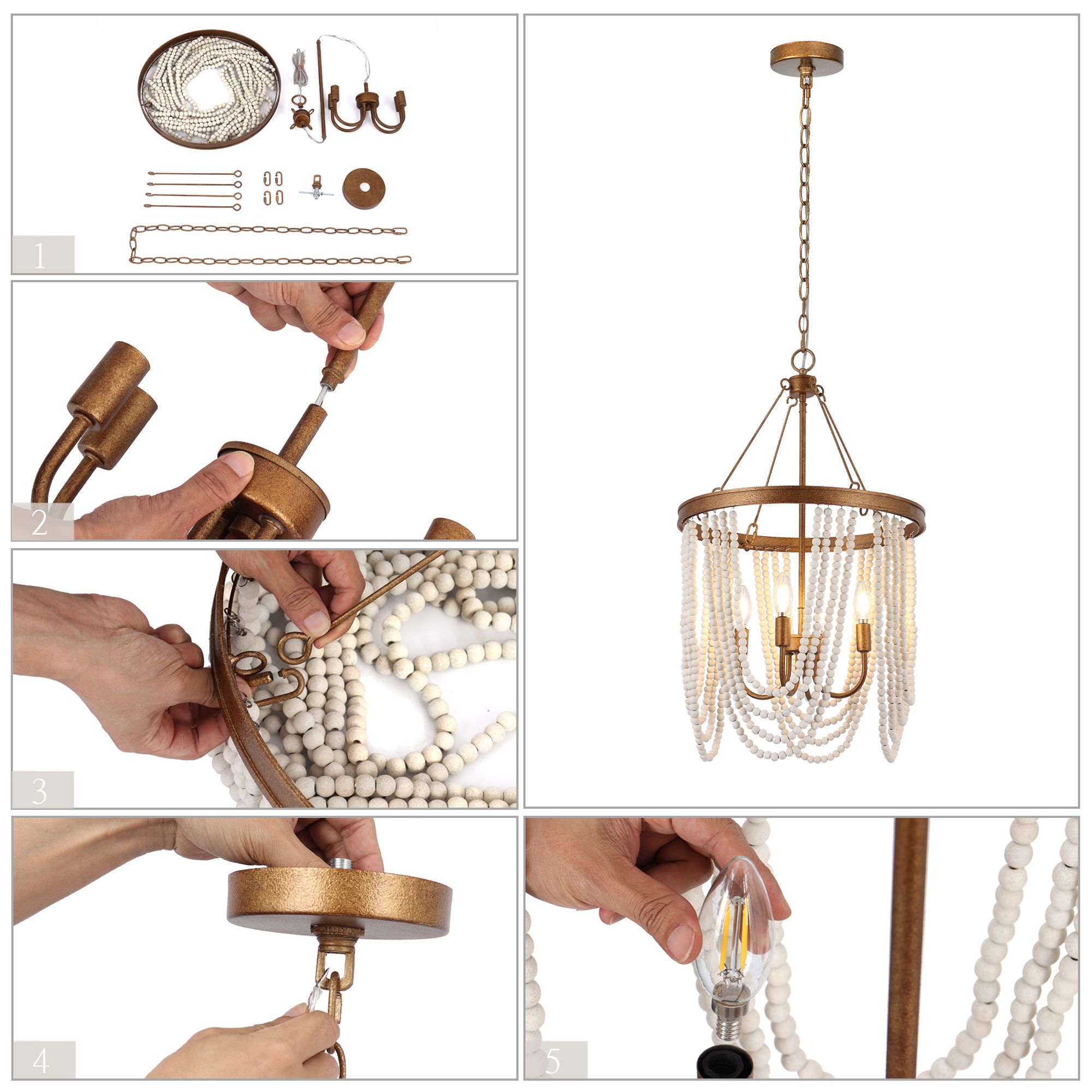 Amara 17.7" wide 4-Light Drum Wood Beaded Chandelier