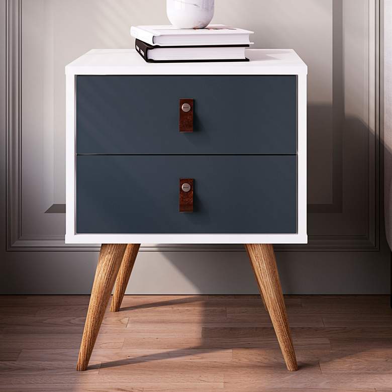 Image 1 Amber 17 3/4"W Matte White Blue Wood 2-Drawer Modern Nightstand