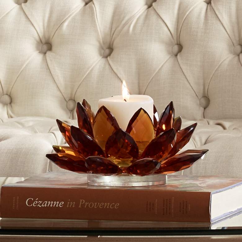 Image 1 Amber Crystal 9 1/4" Wide Lotus Candle Holder