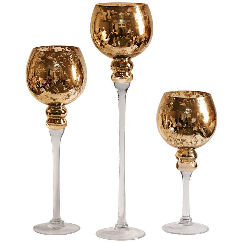 Image 1 Amber Gold Stem 3-Piece Mercury Glass Vase Set