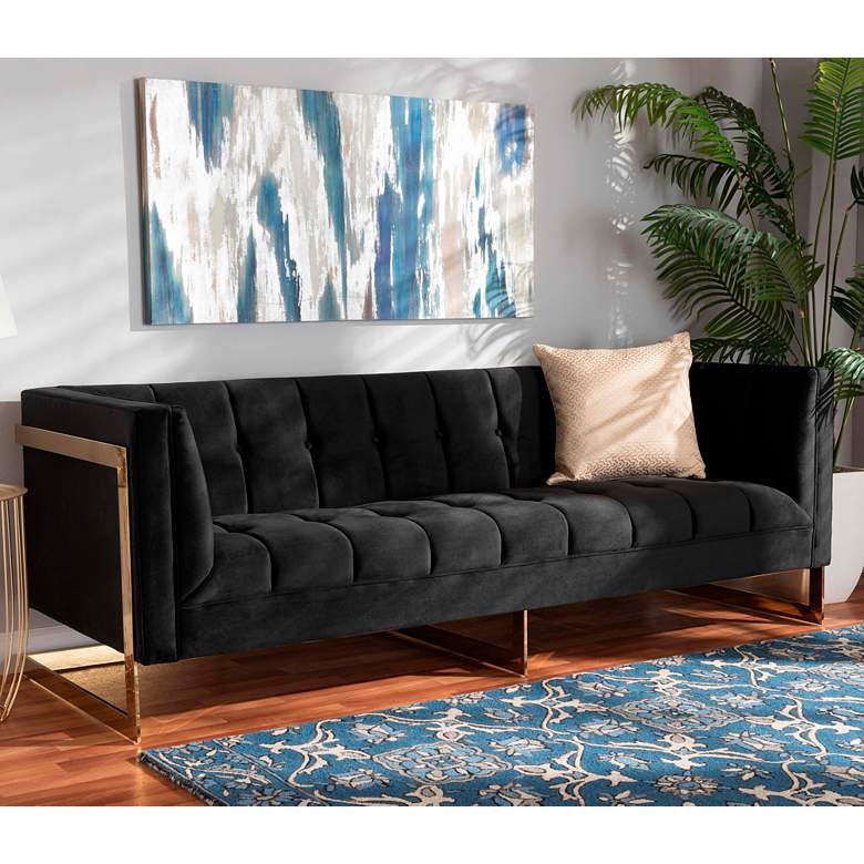 Image 1 Ambra 83 1/2 inch Wide Black Velvet Tufted Sofa 