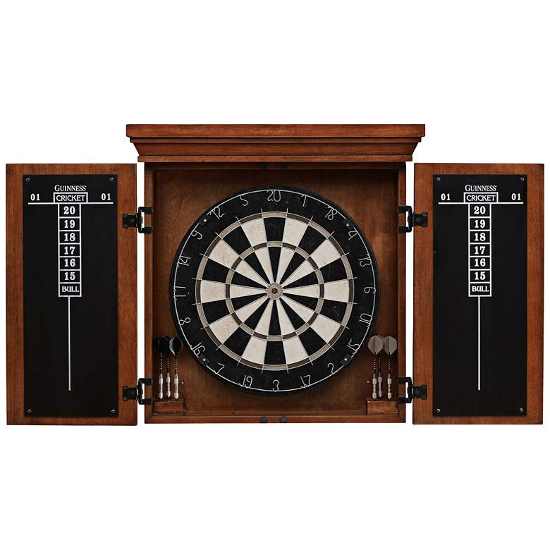 Image 1 American Heritage Guinness Brown Wood Dart Board Cabinet Set