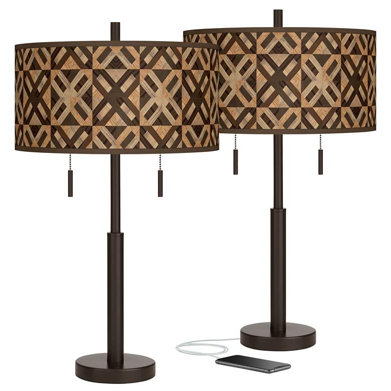 Image 1 American Woodwork Rustic Modern Bronze USB Table Lamps Set of 2