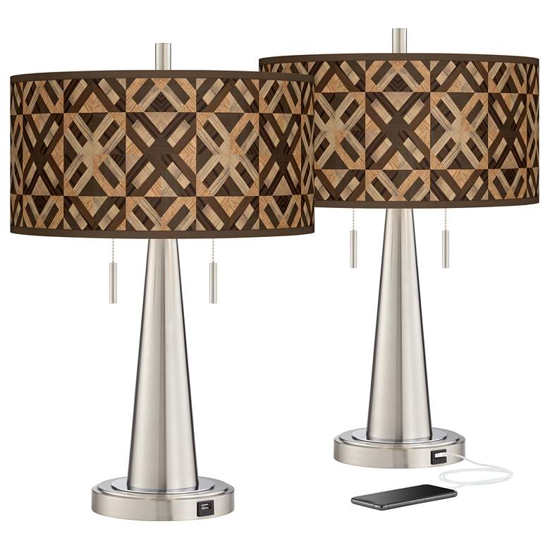 Image 1 American Woodwork Shade Modern Rustic USB Table Lamps Set of 2