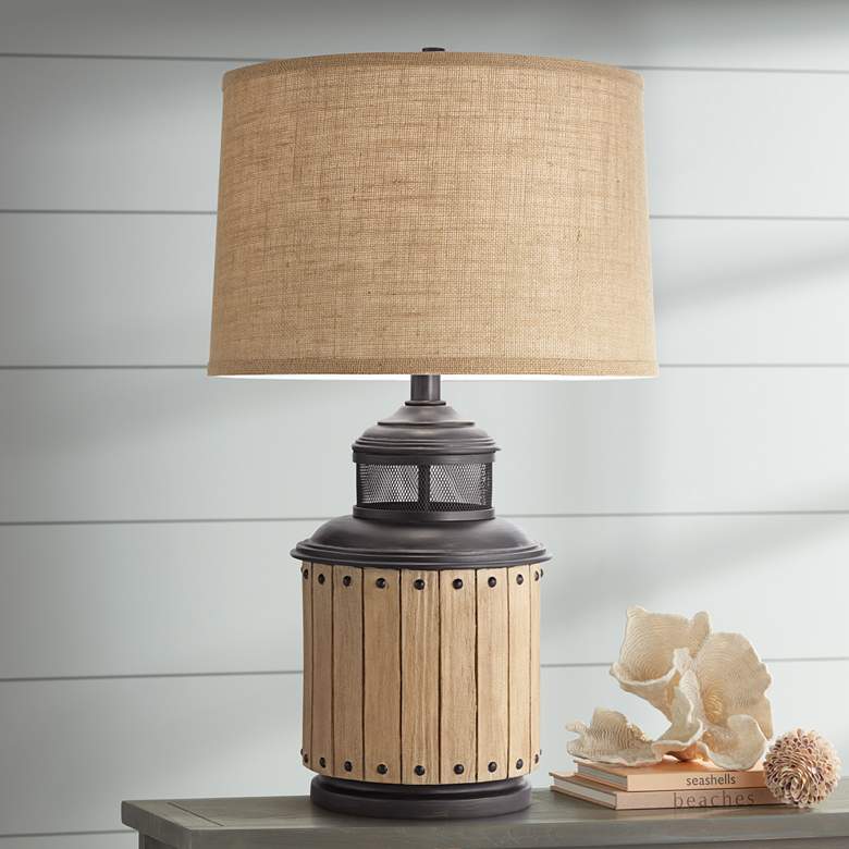 Image 1 Americana Barrel Lantern Metal and Faux Wood Table Lamp with Night Light