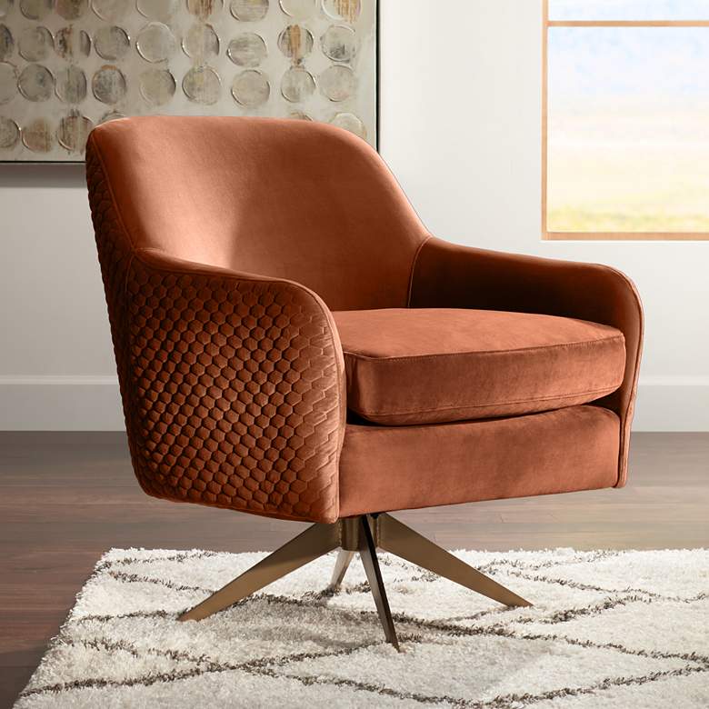 Image 1 Ames Quilted Pumpkin Velvet Modern Swivel Club Chair