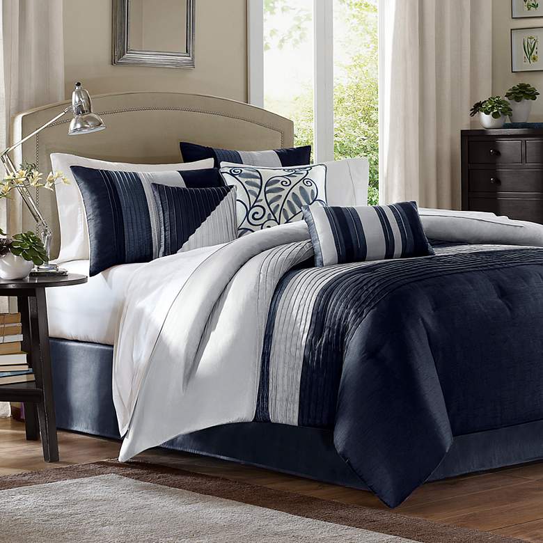 Image 1 Amherst Navy White Striped 7-Piece Queen Comforter Bed Set