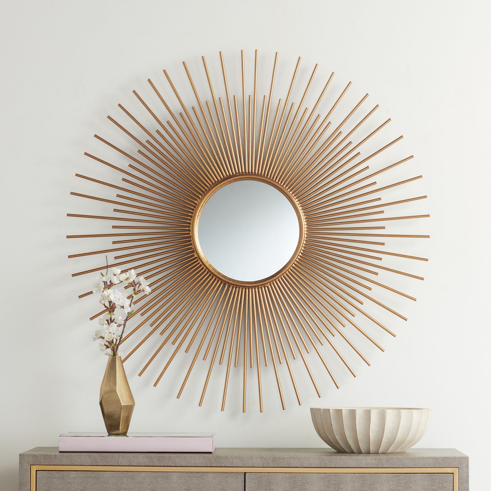 Contemporary Champagne Gold Trimmed Round Sunburst Wall Mirror Vanity Mirror 