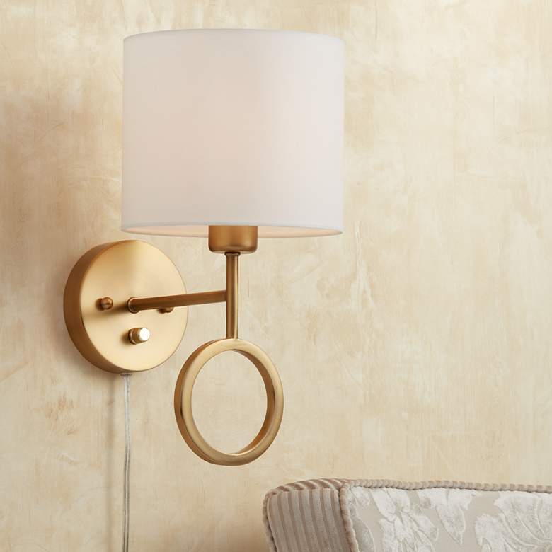 Image 1 Amidon Warm Brass Drop Ring Plug-In Wall Lamp