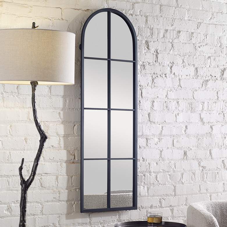 Image 1 Amiel Satin Black 16 1/2" x 50" Arch Window Pane Wall Mirror