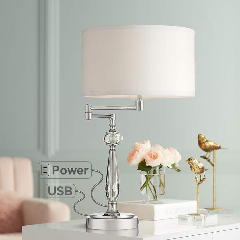 Image 1 Amira Crystal Swing Arm Desk Lamp with USB Port and Outlet