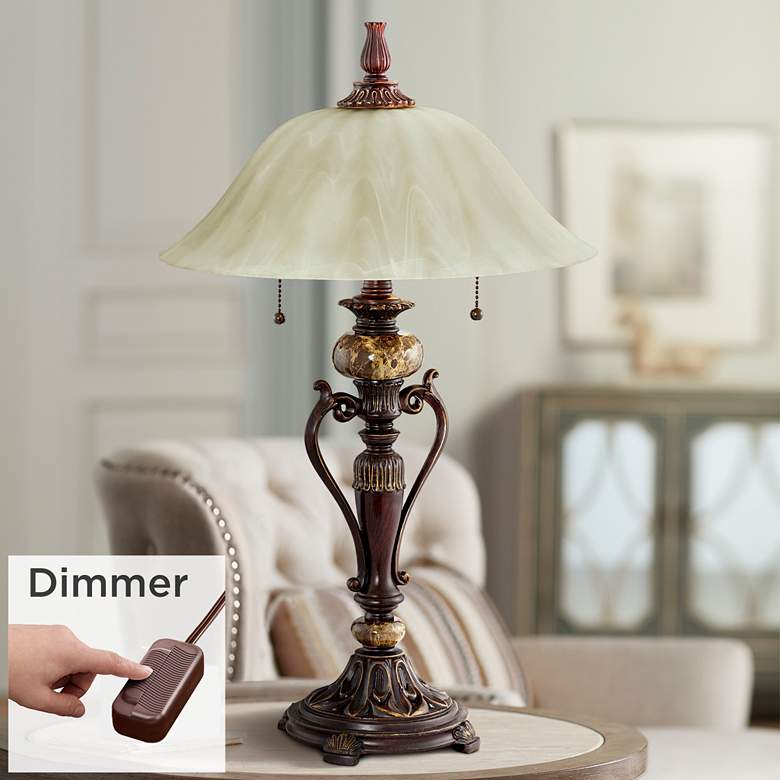 Amor Bronze Glass Shade Accent Table Lamp with Table Top Dimmer