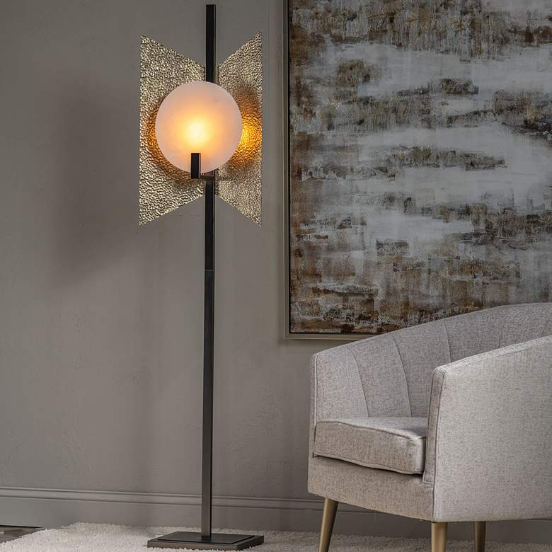 Image 1 Amory Alabaster and Hammered Brass Shield Floor Lamp