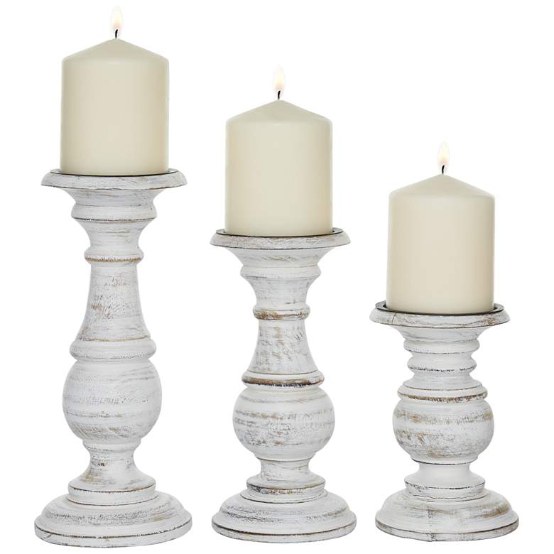 Image 2 Anacapa Distressed White Wood Pillar Candle Holders Set of 3