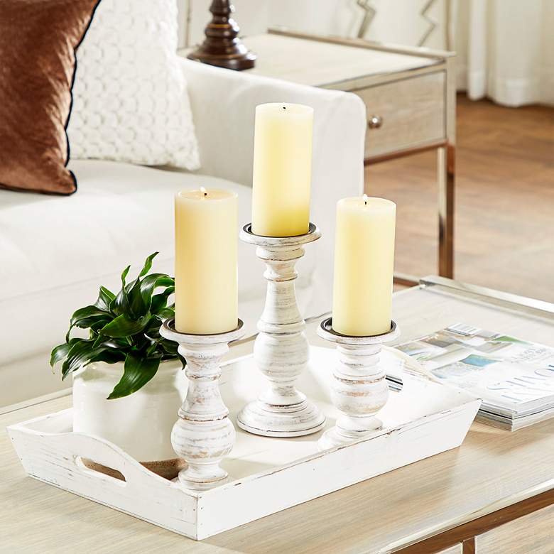 Image 1 Anacapa Distressed White Wood Pillar Candle Holders Set of 3