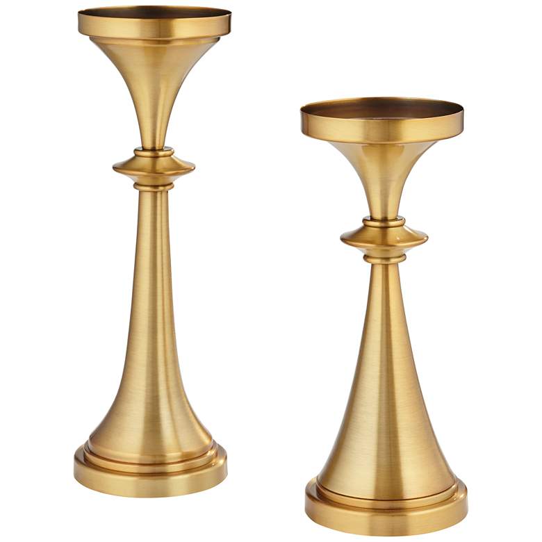 Image 2 Anapali Warm Brass Spun Metal Pillar Candle Holders Set of 2