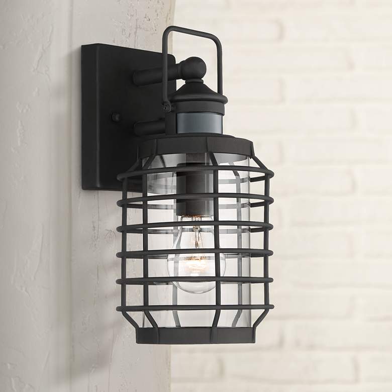 Image 1 Anapos 12 1/2 inchH Black Caged Motion Sensor Outdoor Wall Light