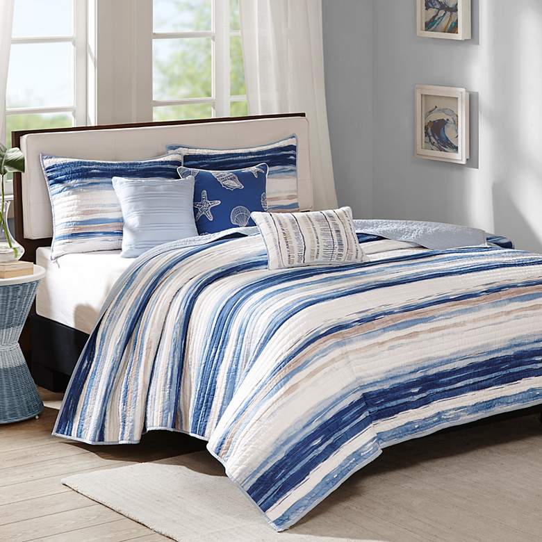 Image 2 Anchorage Blue White 6-Piece Full/Queen Coverlet Set