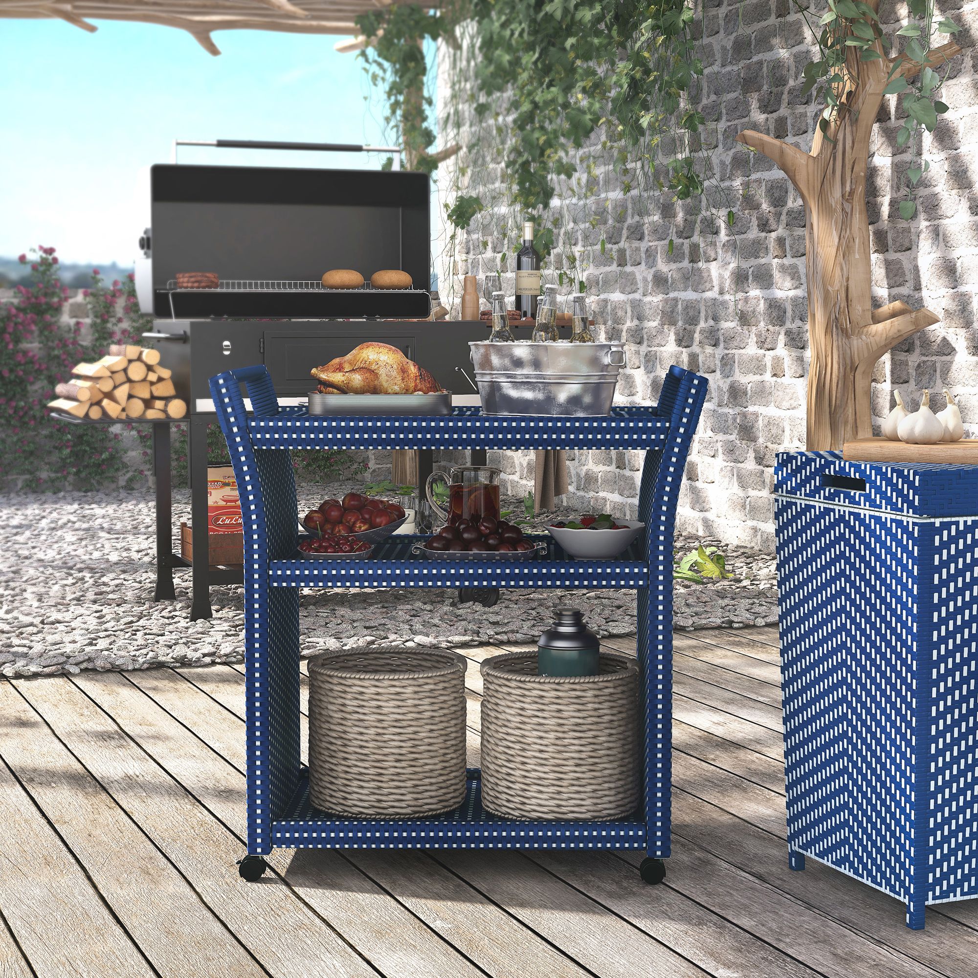 Anderson Blue White Wicker Patio Serving Cart