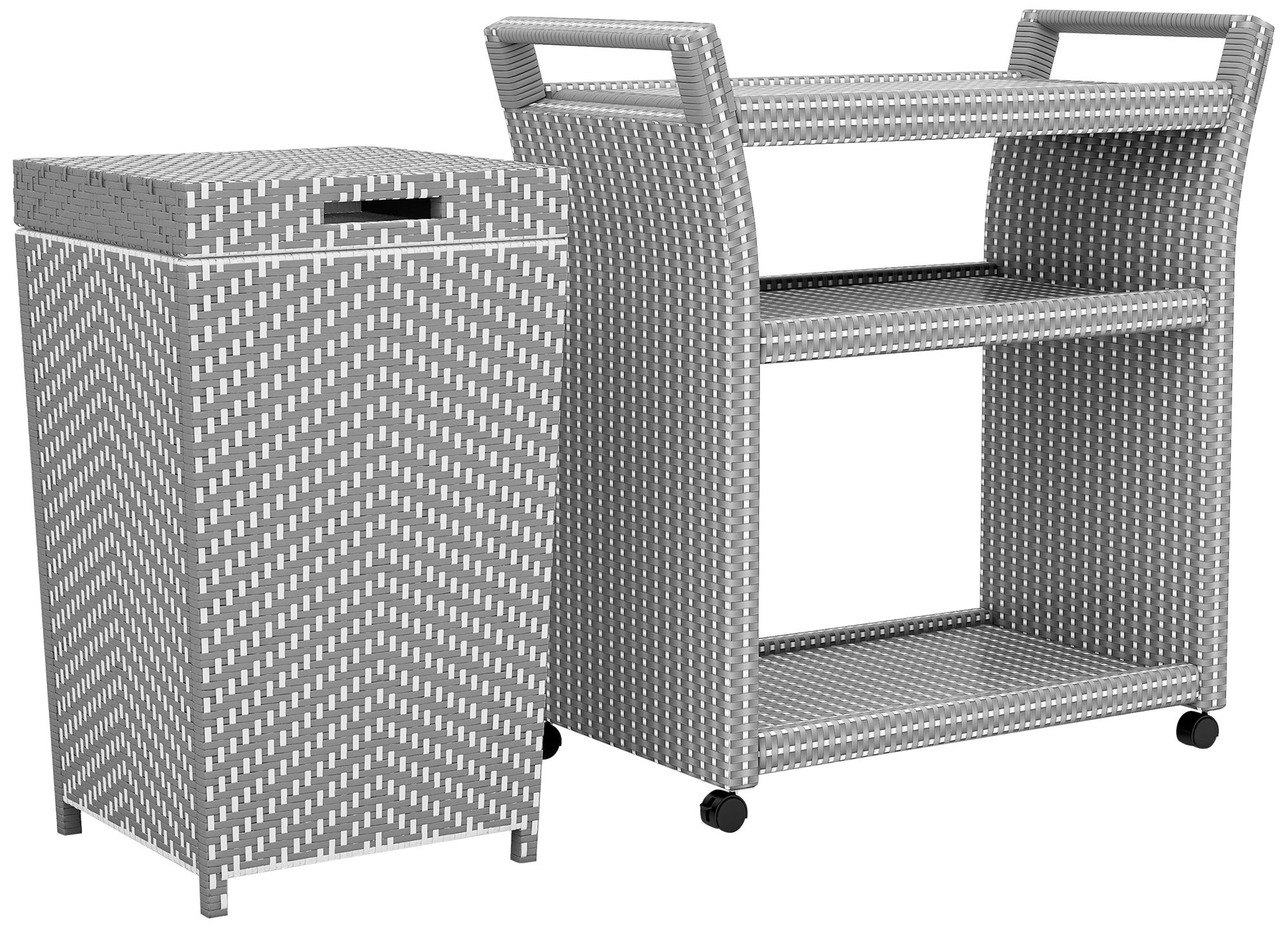 Image 2 Anderson Gray White Coastal Woven Wicker Serving Cart and Trash Can Set
