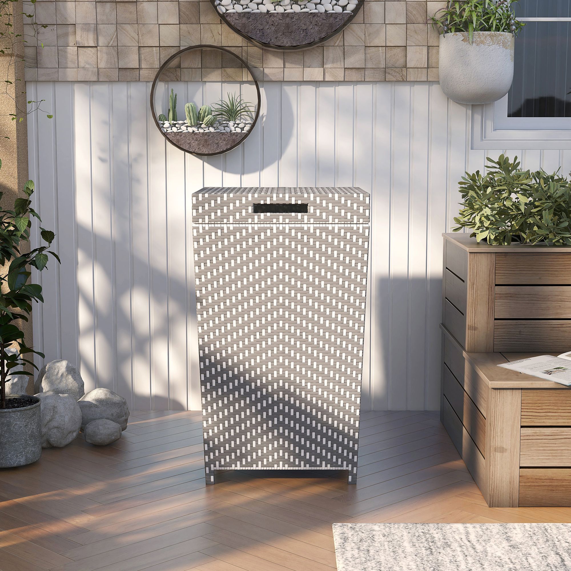 Anderson Gray White Coastal Woven Wicker Serving Cart and Trash Can Set