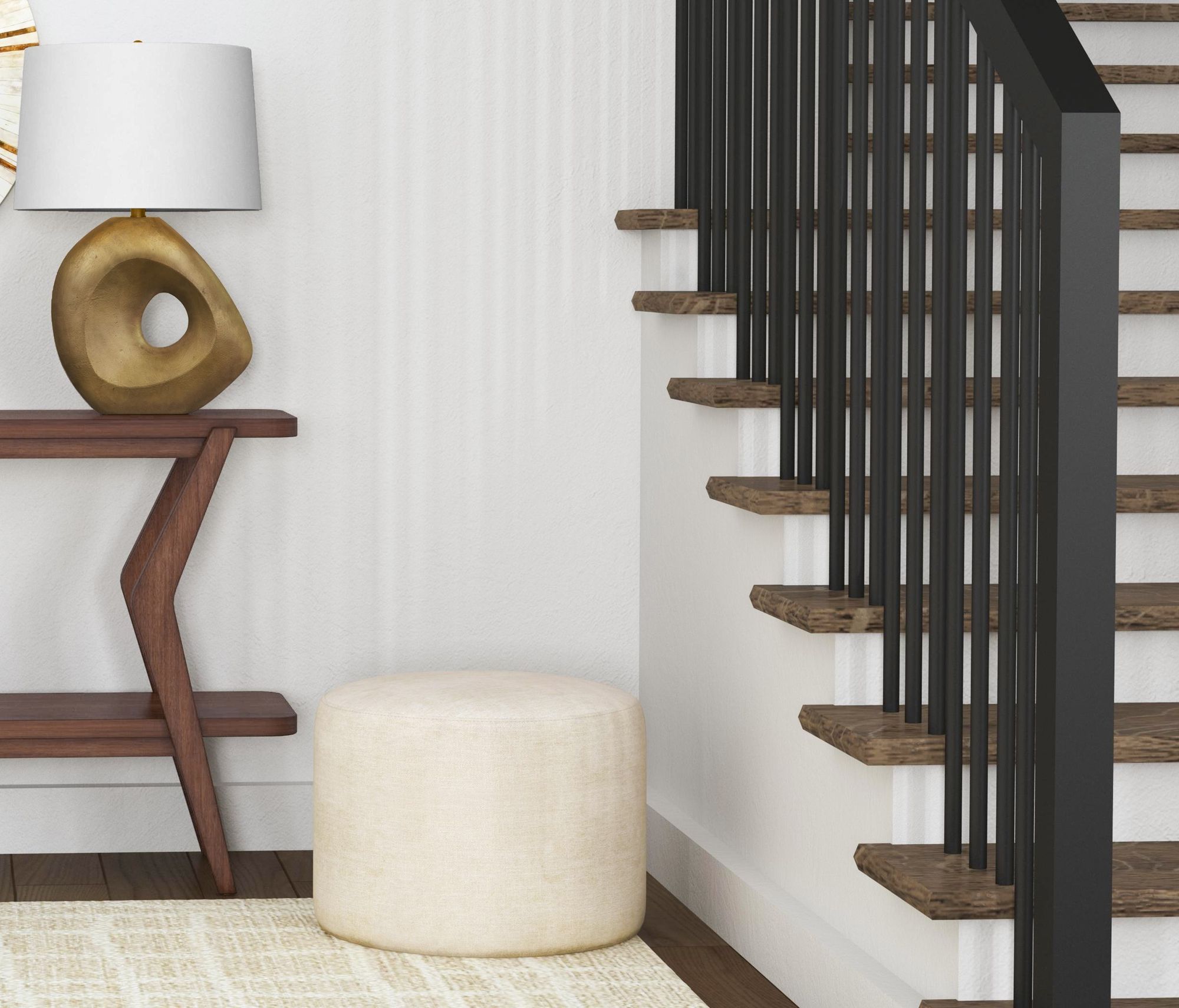 Anderson Upholstered Cream Round Ottoman in scene