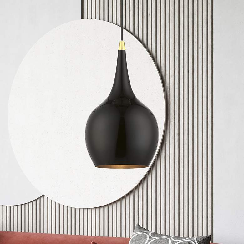 Image 1 Andes 1 Light Shiny Black Mini Pendant with Polished Brass Accents