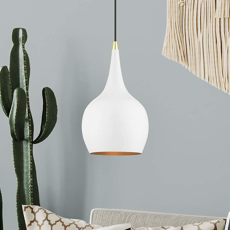 Image 1 Andes 1 Light Shiny White Mini Pendant with Polished Brass Accents