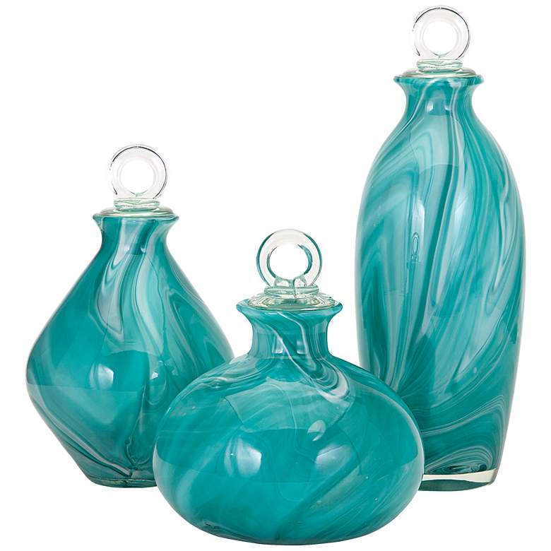 Image 1 Andes Aqua Shade Glass 3-Piece Bottles with Stopper Set