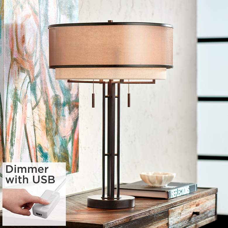 Image 1 Andes Double Shade Industrial Table Lamp With USB Dimmer