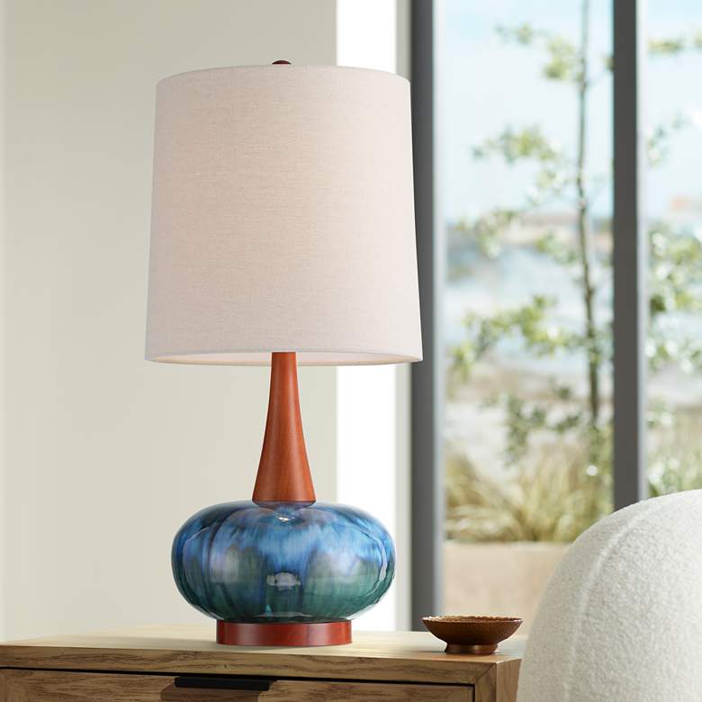 Image 1 Andi 25" Modern Wood and Blue Ceramic Table Lamp