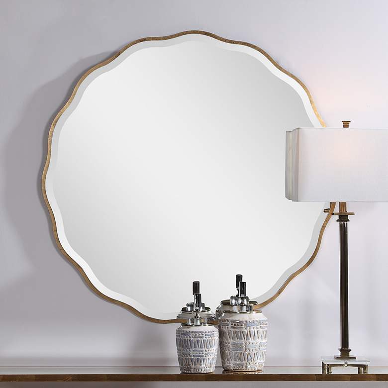 Image 1 Aneta Aged Gold Scalloped 42 inch Round Modern Oversized Wall Mirror