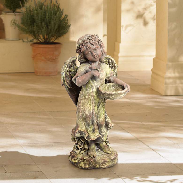 Image 1 Angel 21 1/2 inchH Bronze and Green Moss Indoor-Outdoor Statue