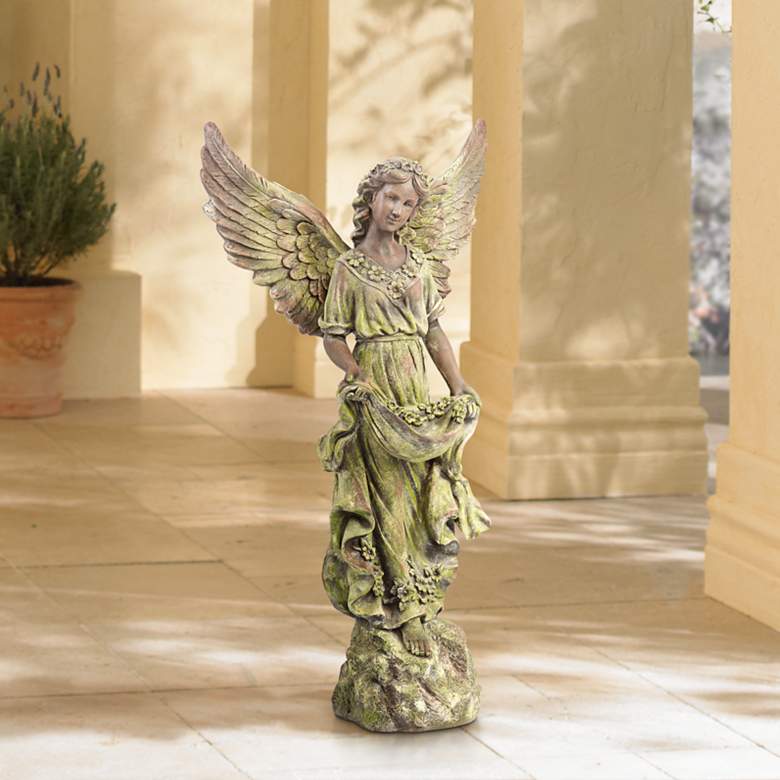 Image 1 Angel 31" High Bronze and Green Moss Indoor-Outdoor Statue