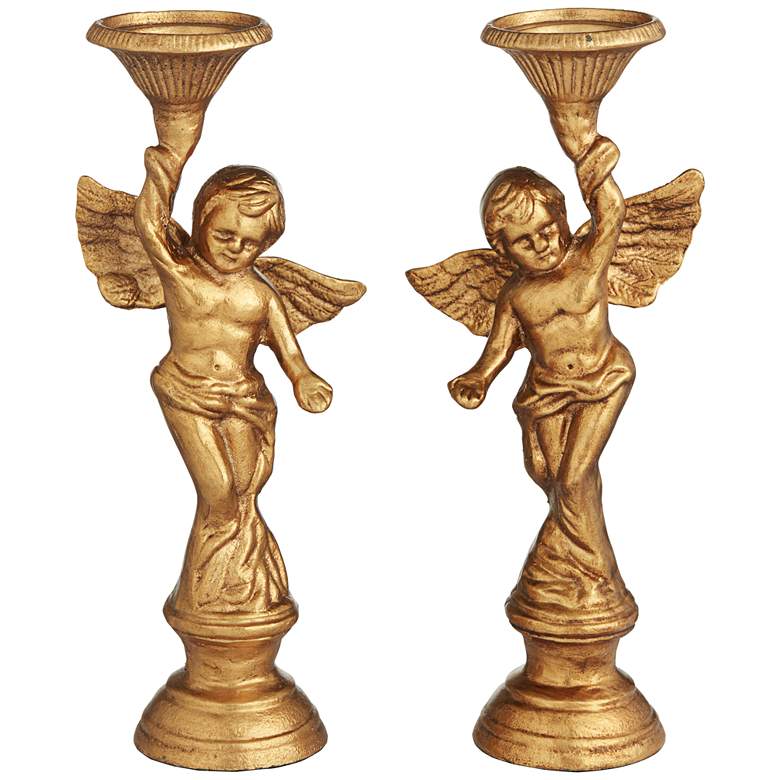 Image 1 Angel Gold Cast Iron Pillar Candle Holders Set of 2