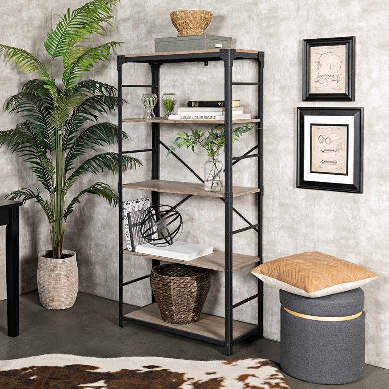 Image 1 Angle Iron 64" High Gray Driftwood 4-Shelf Bookcase
