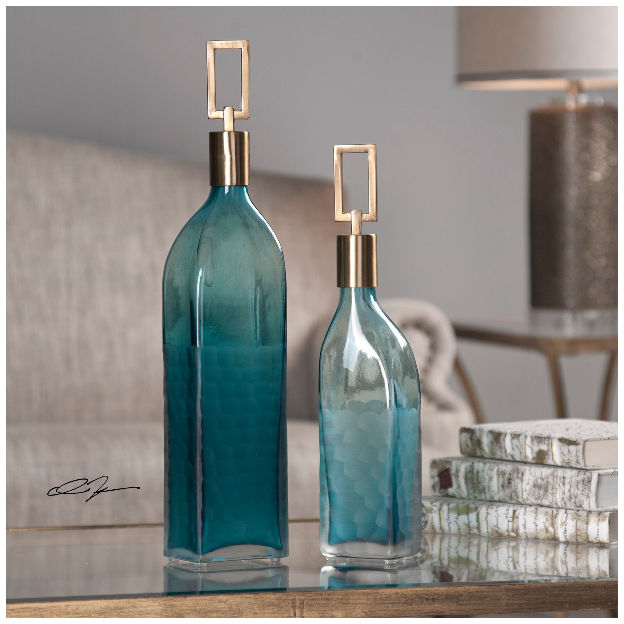 Thumbnail1 of Annabella Teal Green Glass 2-Piece Decorative Bottles Set