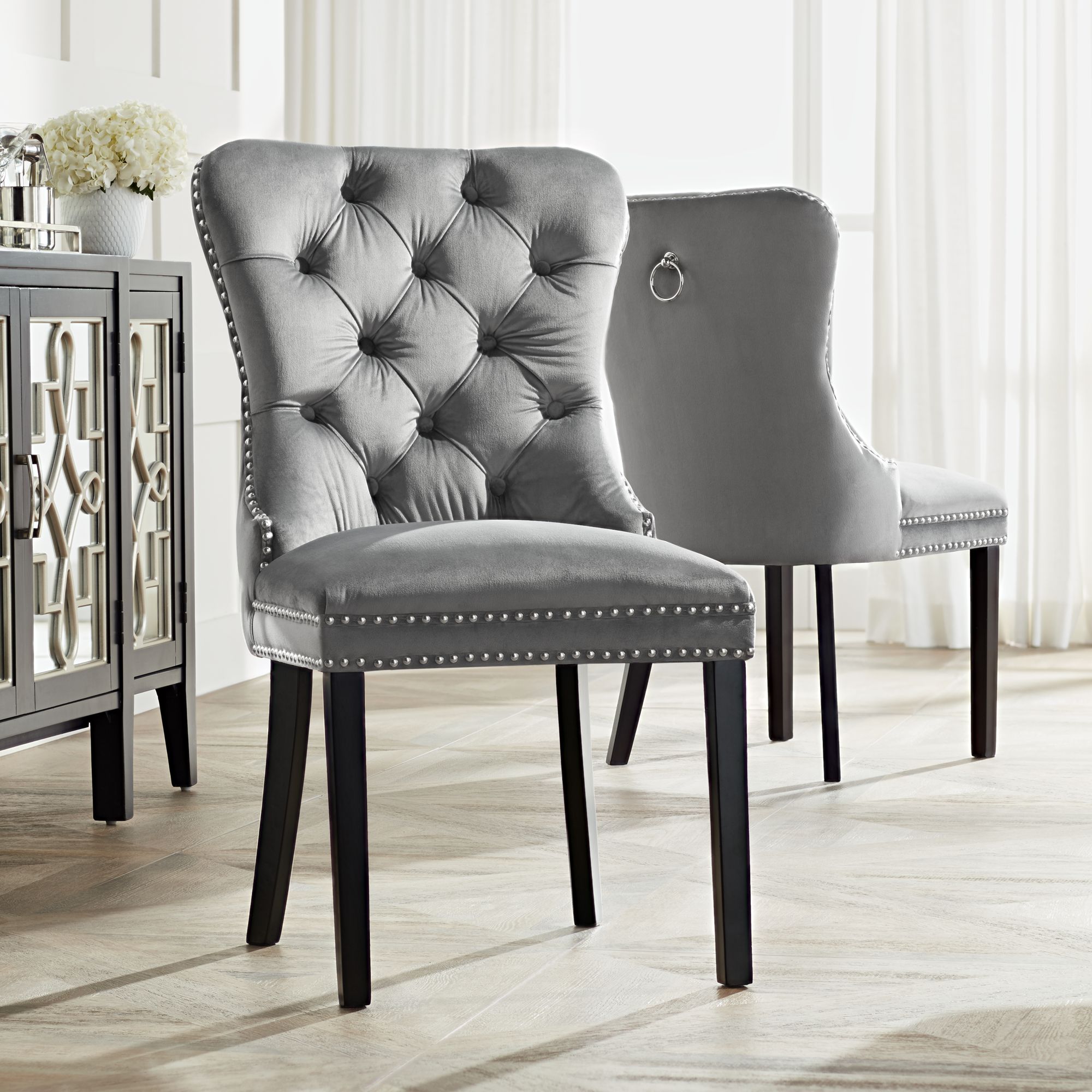 Grey velvet dining online chairs with silver legs