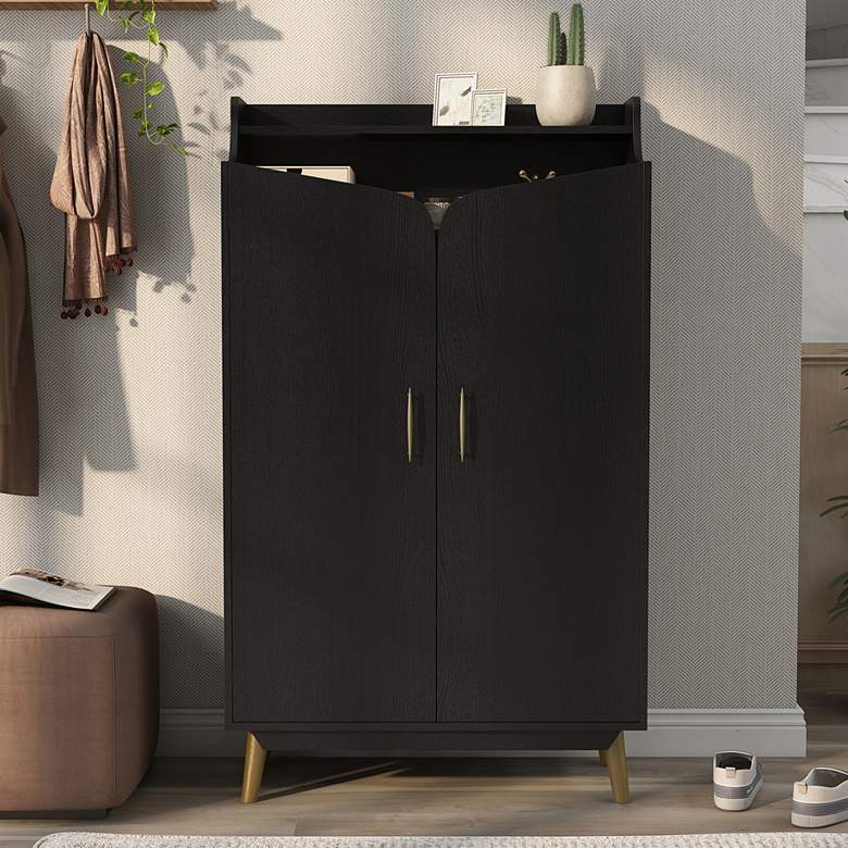 Image 1 Ansel 31 1/2" Wide Black Wood 7-Shelf 2-Door Shoe Cabinet