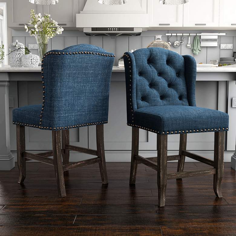 Image 1 Anthus 25 1/4" Blue Linen Tufted Counter Stools Set of 2