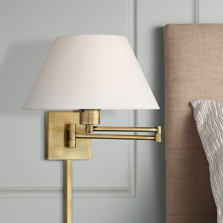 Image 1 Antique Brass 12" High Empire Shade Plug-In Swing Arm Wall Lamp