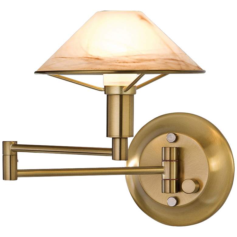 Image 1 Antique Brass Alabaster Brown Glass Swing Arm Wall Lamp