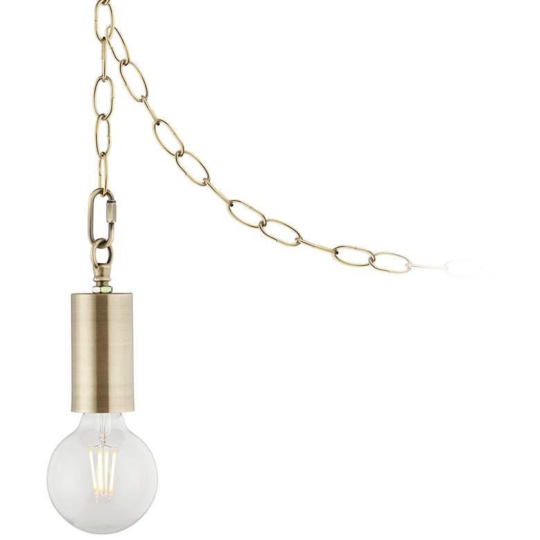 Image 1 Antique Brass Plug-In Hanging Swag Chandelier with Clear G25 LED Bulb