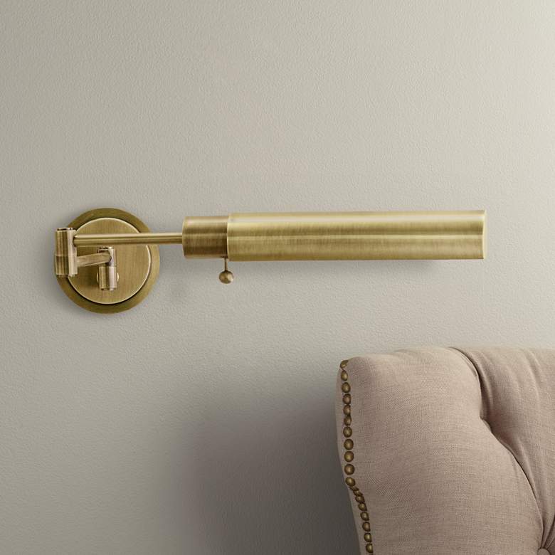 Image 1 Antique Brass Round Head Plug-In Swing Arm Wall Lamp