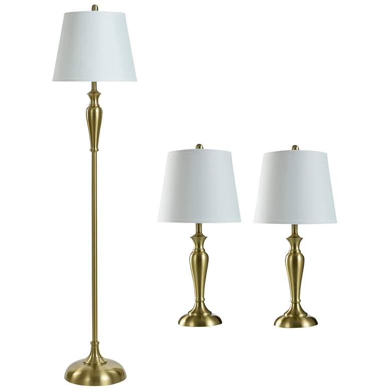 Image 1 Antique Brass Set - Two Table Lamps &amp; One Floor Lamp With White Shades