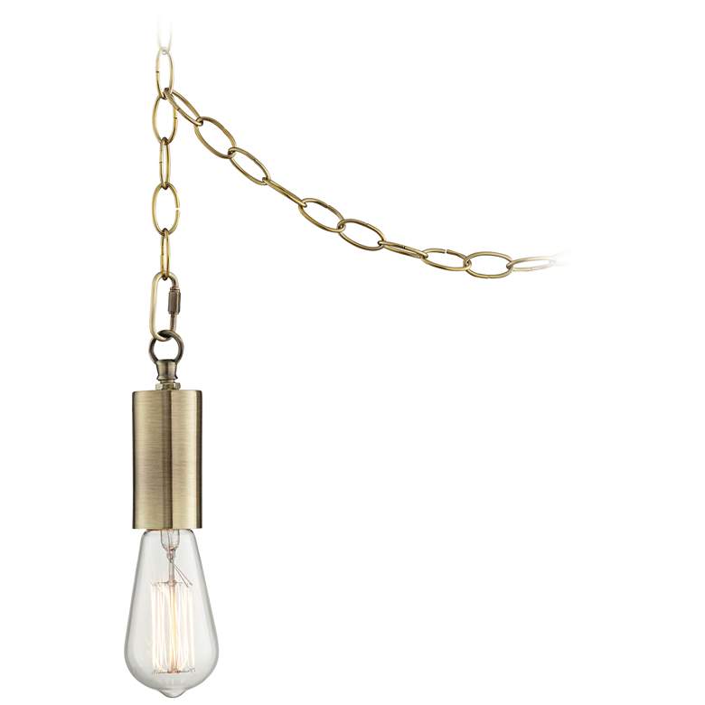 Image 1 Antique Brass Swag Plug-In Chandelier with Edison Style Bulb