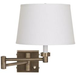 Antique Brass with White Linen Shade Plug-In Swing Arm Wall Lamp